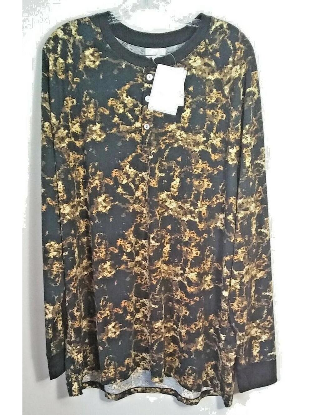 LuLaRoe Mark Long Sleeve Button Neck Black Gold Print Shirt Unisex Size 3XL